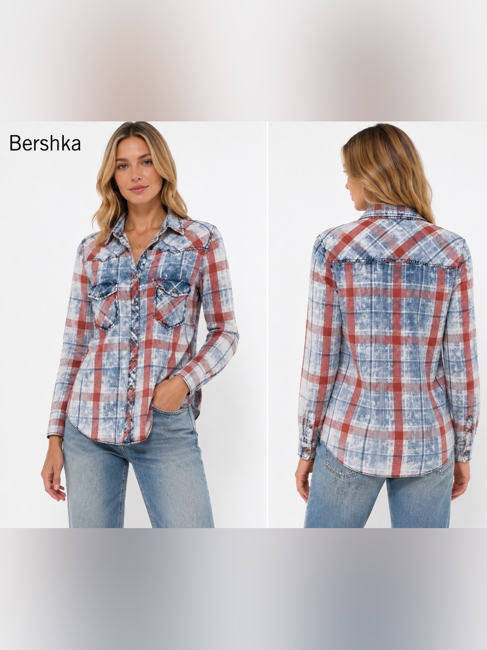 Bershka Acid Wash Plaid Western Pearl Snap Shirt Red Blue Size Small